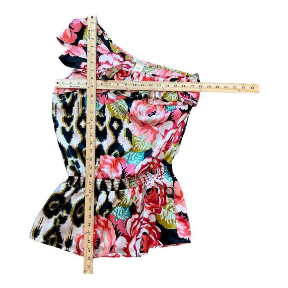 Arden B Womens Pink Black Floral Print One Shoulder Drop Waist Top Sz L NWT - Picture 8 of 8